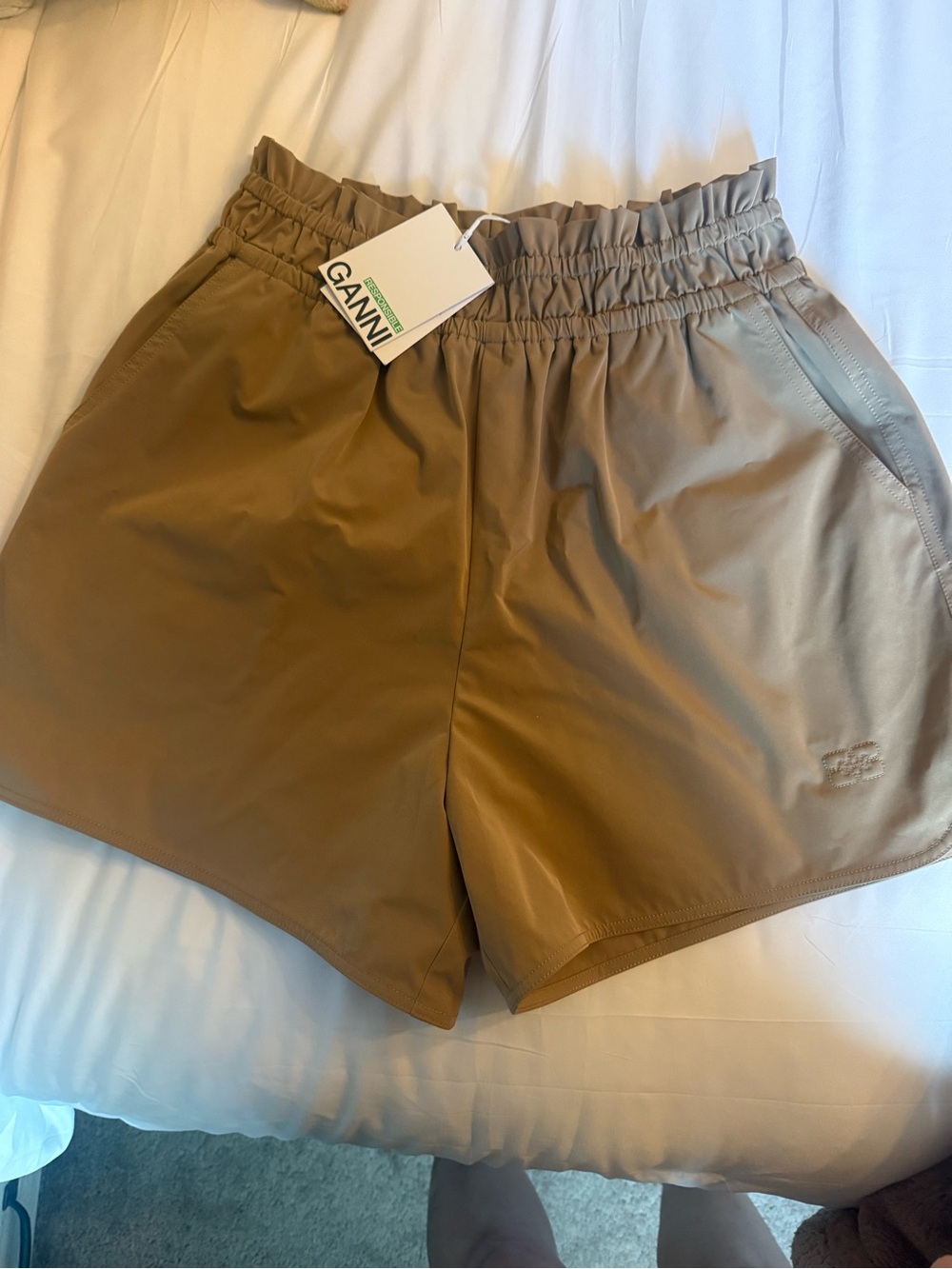 Ganni Tan Elasticated Waist Gathered Shorts